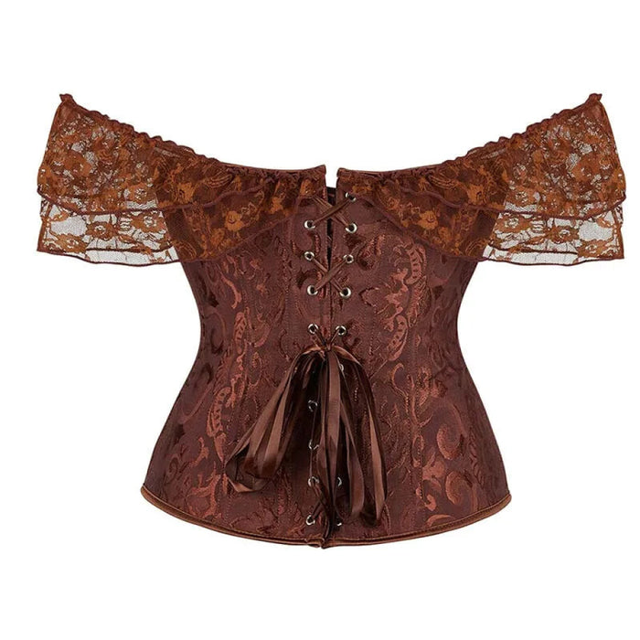 Brown Steampunk Corset With Front Busk Closure Floral Lace And Puff Sleeves