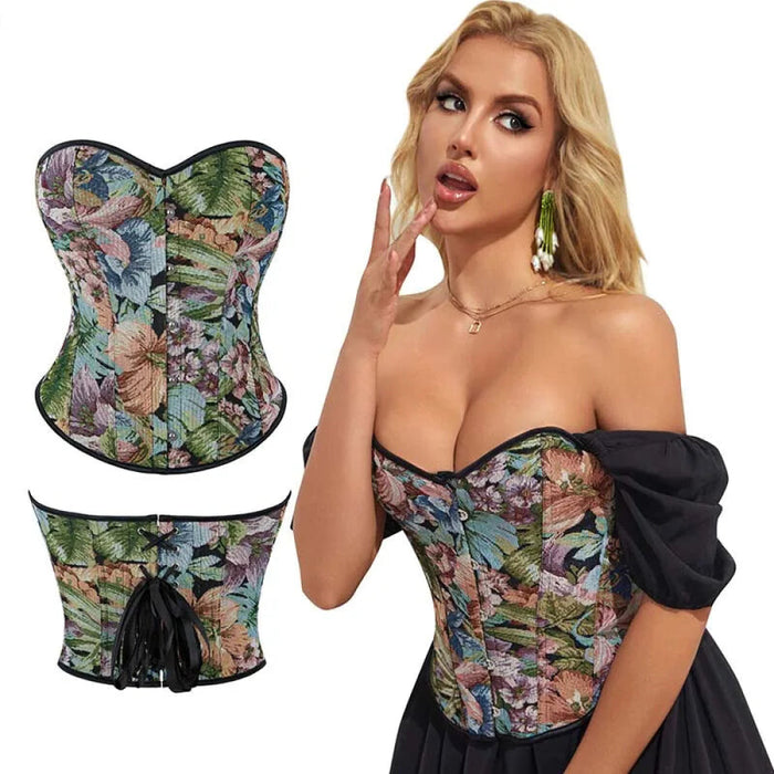 Floral Print Overbust Corset Monet Garden Style Lace Up Slimming Shapers