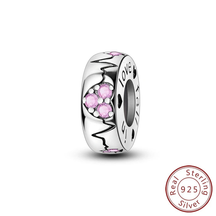 925 Sterling Silver Heart Silicone Spacer Beads Fits Bracelets Women Diy Gift