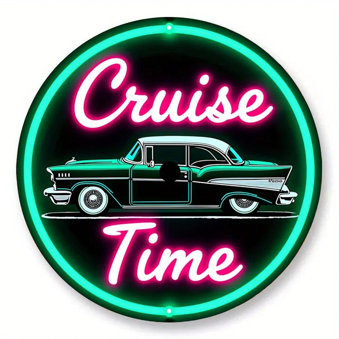 Retro Car Sign 7.8 Round Aluminum Wall Art For Bar Cafe Or Beach Decor