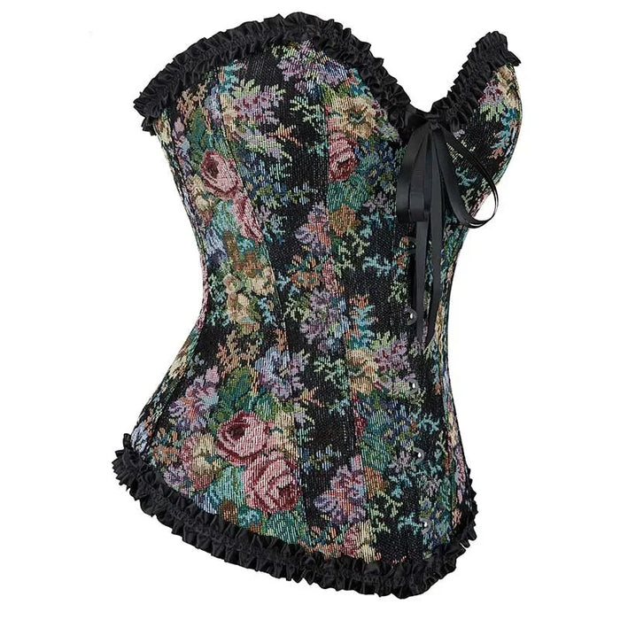 Floral Lace Trim Renaissance Corset With 6 Busk Closure Plus Size Xs-Xl