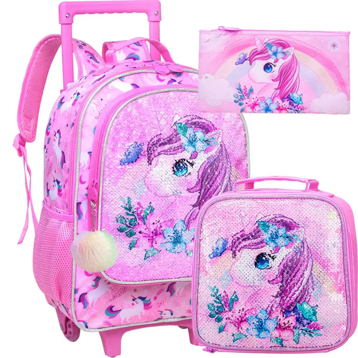 3 Piece Girls Rolling Backpack Set Butterfly Design