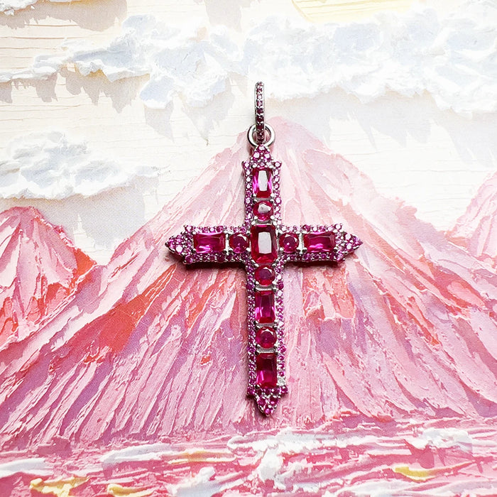 925 Sterling Silver Cross Pendant With Rose Stone Fashion Jewelry For Women