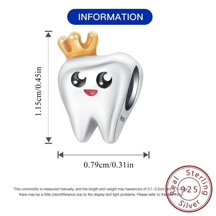 925 Sterling Silver Crown Tooth Charm For Women Bracelet Diy Gift