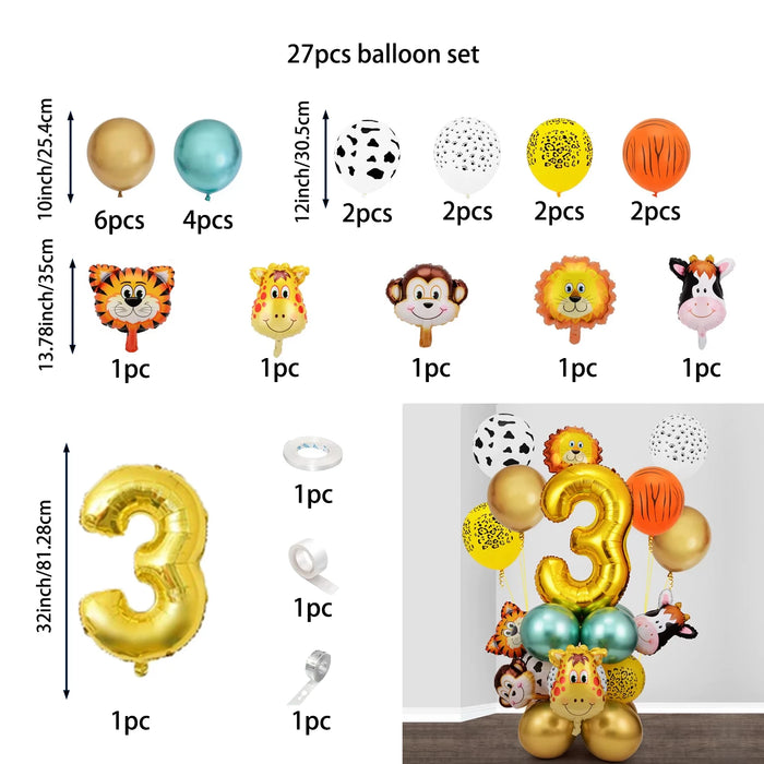 27Pcs Animal Balloons Gold Digital Balloons Jungle Animal Themed Birthday Party Decorate Anniversary Party