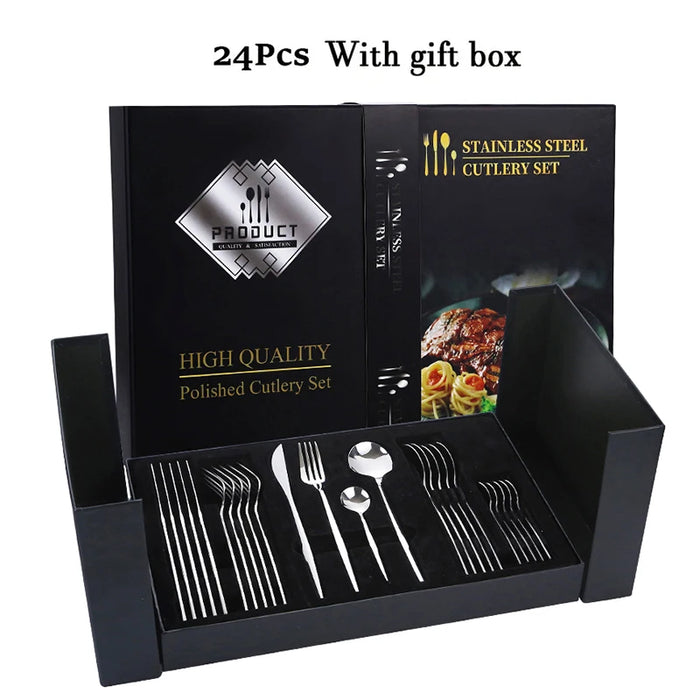 24 Piece Black & Gold Stainless Steel Cutlery Set Ideal For Festive Occasions & Dinners