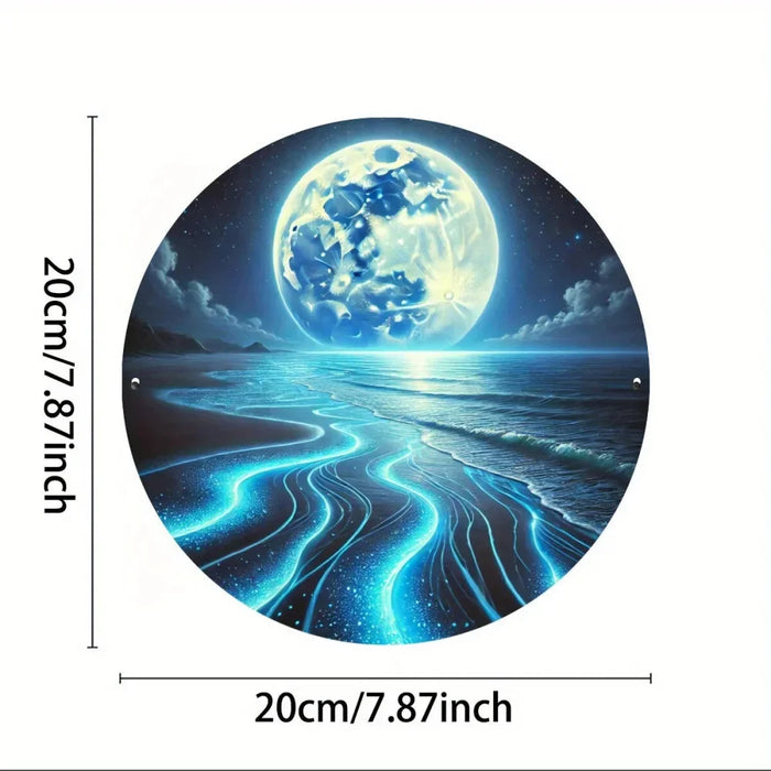 8 Round Metal Tin Sign Ocean Sky & Full Moon Wall Art With Blue Waves & Starry Night Design