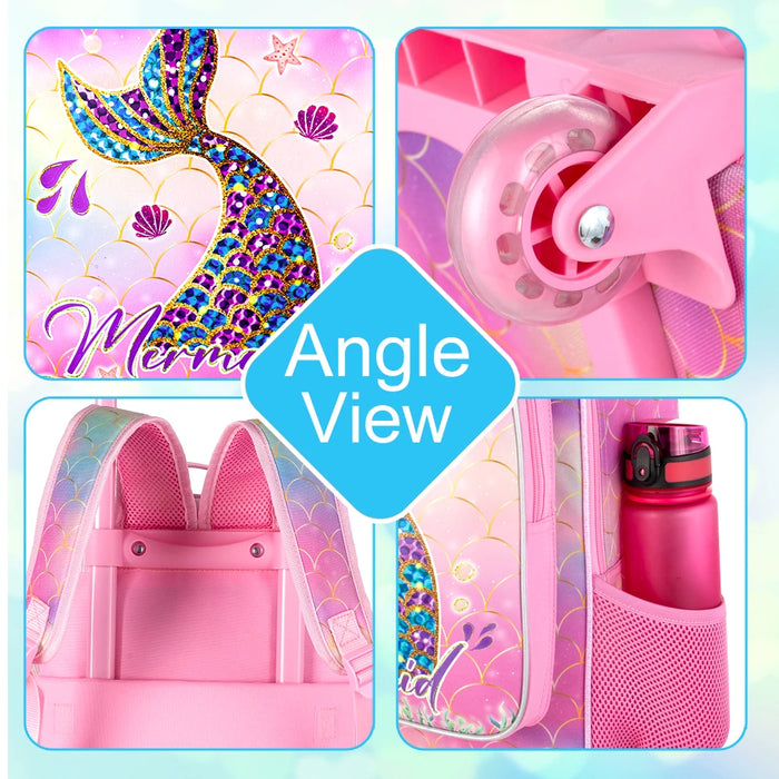 3 Piece Mermaid Rolling Backpack For Girls Water Resistant Uv Printed Fits Kids School Travel