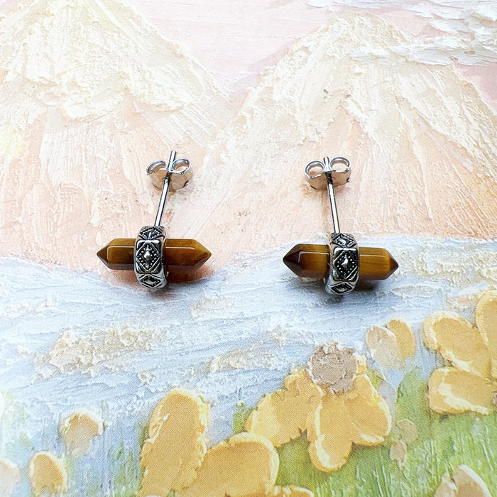 925 Sterling Silver Vintage Tiger Eye Stud Earrings