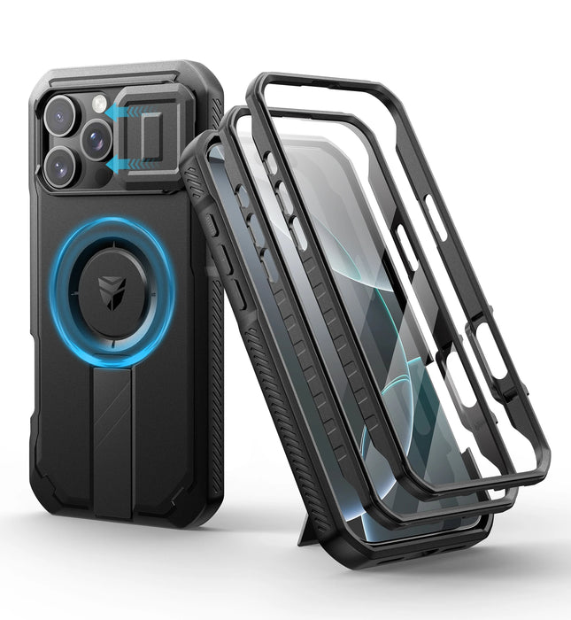 For Iphone 16 Pro Max Rugged Armor Shockproof Case With Built-In Sliding Camera Case And Built-In Screen Protector Kickstand