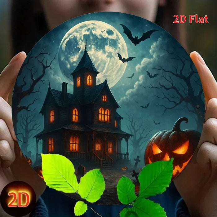 Vintage Round Iron Sign Haunted House & Pumpkin Lanterns