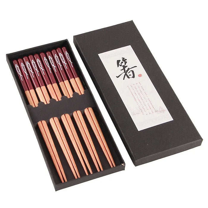 5 Pairs Wooden Chopsticks Set Non Slip Multi Colour Gift Box