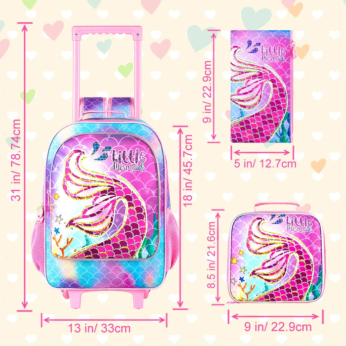 3 Piece Girls Rolling Backpack Set With Lunch Bag Mermaid