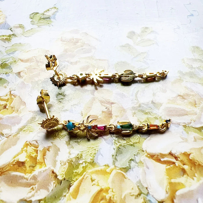 925 Sterling Silver Boho Sun Palm Tree Earrings Colourful Drop Jewelry For Women