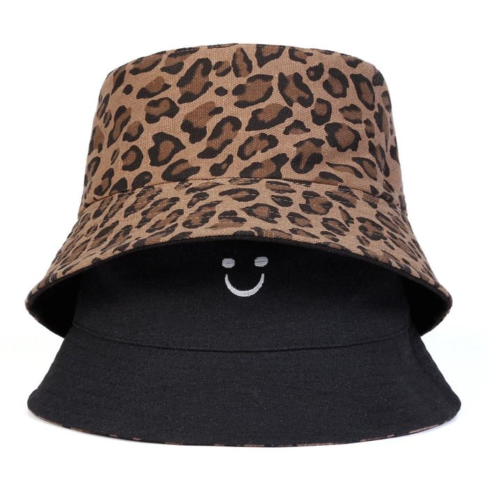 Smiling Leopard Print Double Sided Bucket Hat Unisex Sunscreen Cap