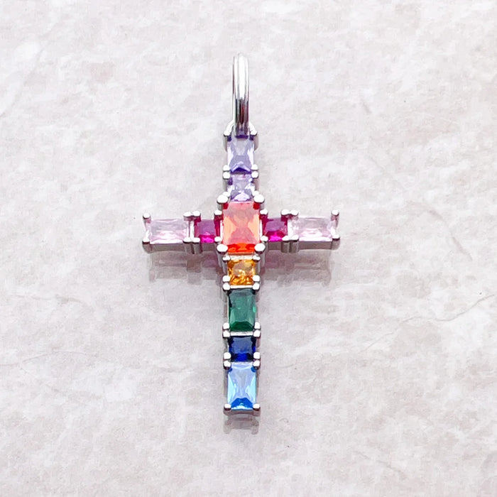 925 Sterling Silver Colourful Stone Cross Pendant Boho Jewelry For Women