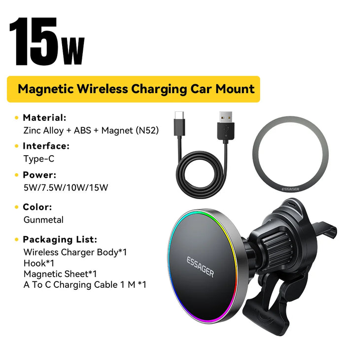 Rgb Magnetic Car Phone Holder Qi 15W Wireless Charger For Iphone16 15 14 13 Pro For Magsafe Universal Phone Holder Stand