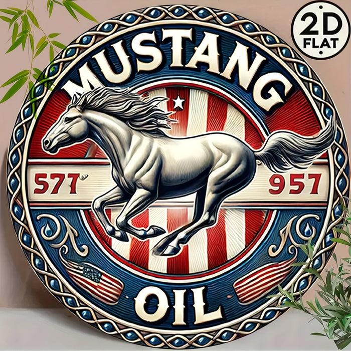 Vintage Round Metal Sign Mustang Oil Design
