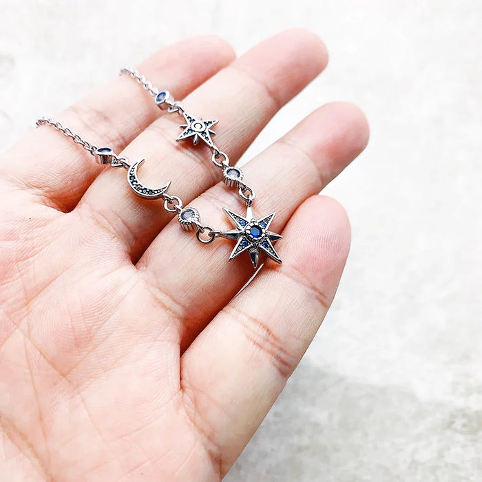 925 Sterling Silver Star & Moon Necklace Fine Jewelry For Women