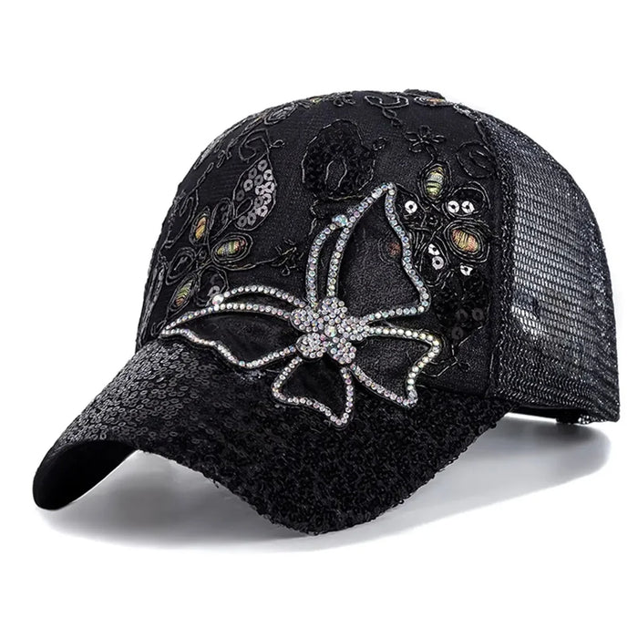 Glitter Butterfly Lace Baseball Cap Adjustable Sun Hat For Spring / Summer