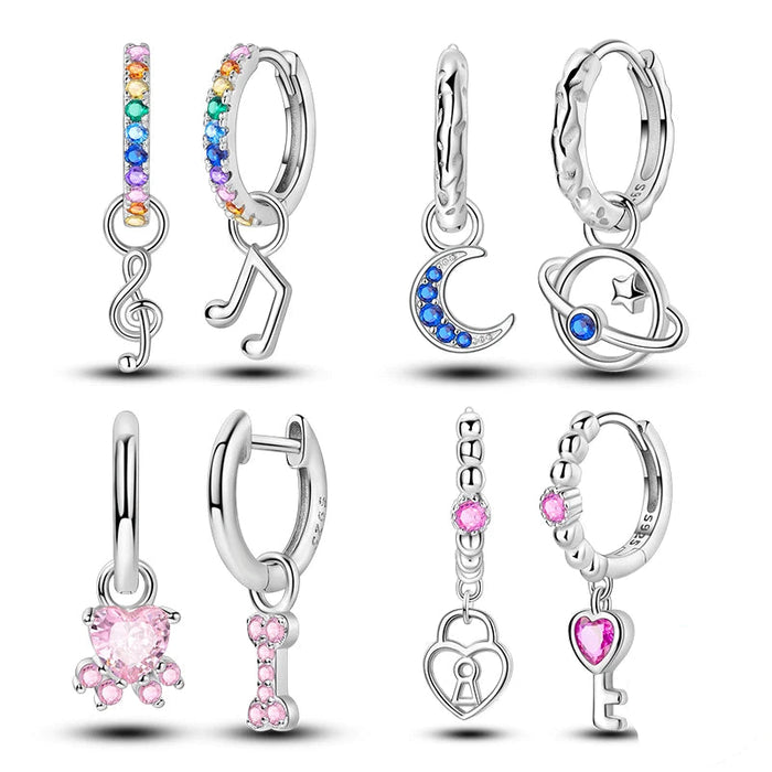 925 Sterling Silver Music Note Earrings Zircon Love Lock Hoops For Women