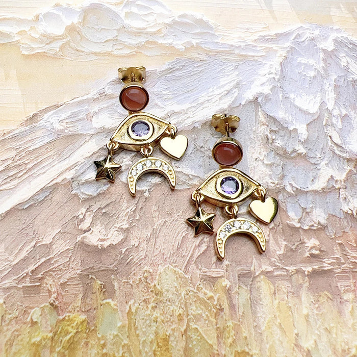 925 Sterling Silver Boho Cosmic Talisman Earrings Eye Star Moon Heart Drops European Style Fine Jewelry For Women