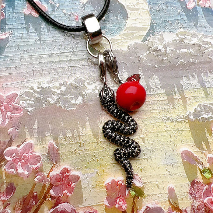 925 Sterling Silver Romantic Gift Snake & Red Apple Necklace