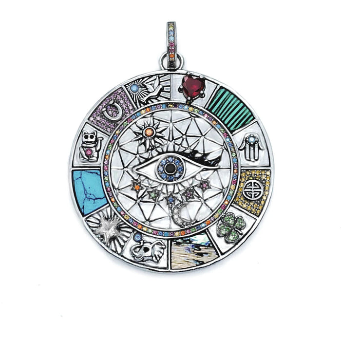 925 Sterling Silver Large Lucky Heart Cat Elephant Clover Fatima Pendant Amulet For Women & Men