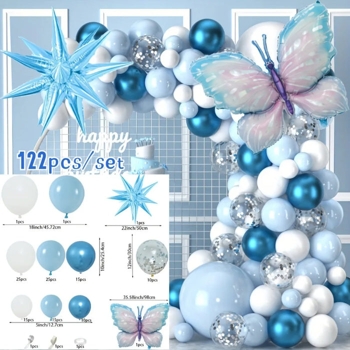 122Pcs Blue Balloon Wreath Kit With Butterfly And Exploding Star Foils - Birthdays Weddings Engagements And Anniversaries