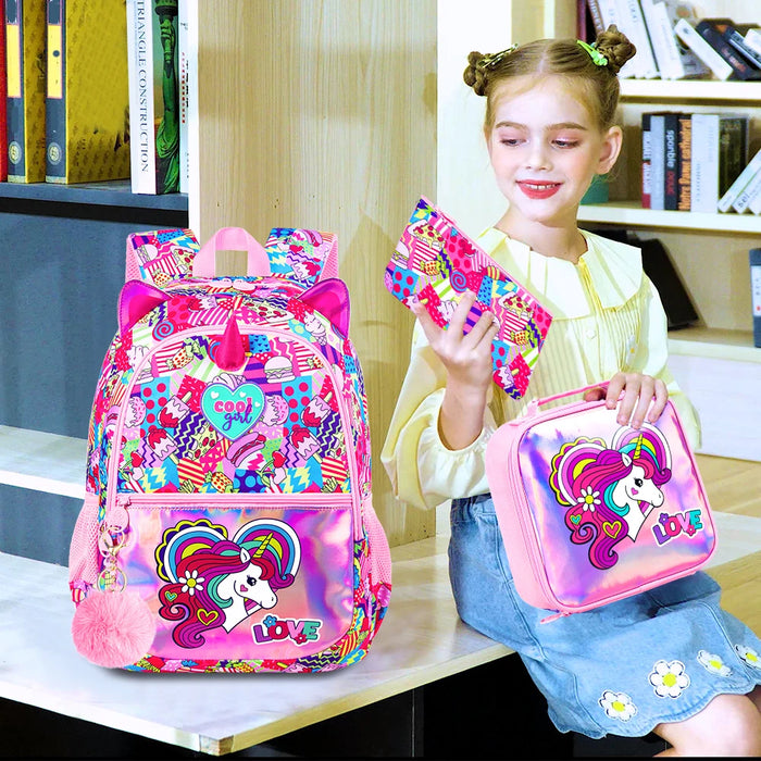 3 Piece Unicorn Backpack Set For Girls 16.5 Inch Rainbow Bookbag Lunch Box Waterproof Lightweight