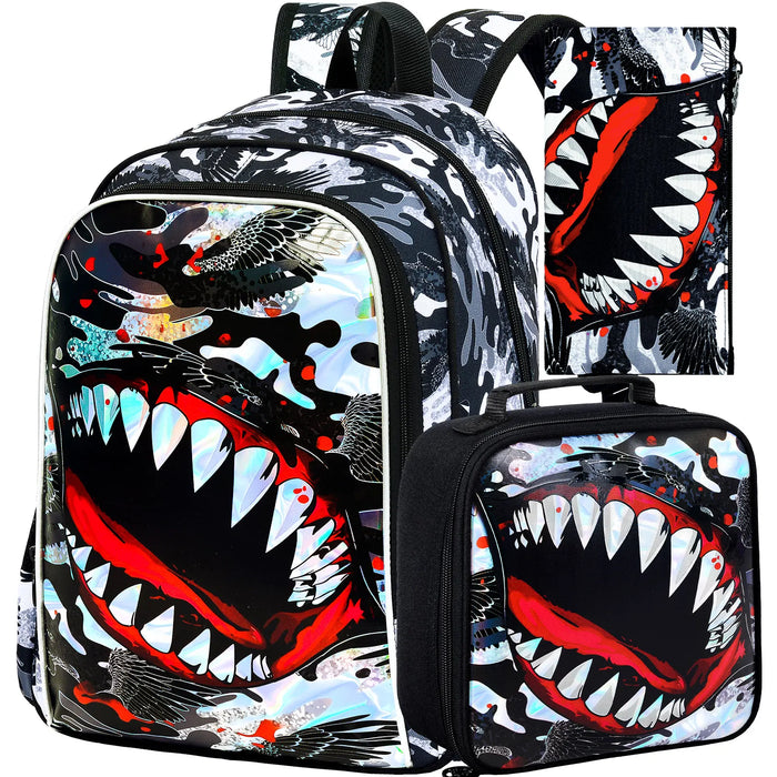 3 Piece Shark Backpack Set For Boys 16 Inch Bookbag With Lunch Box Elementary School