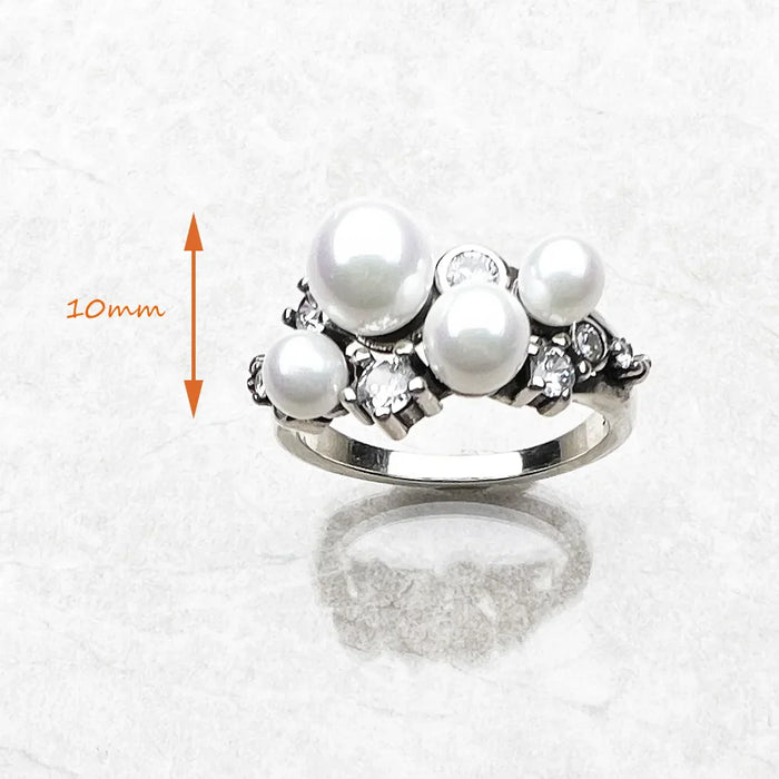 925 Sterling Silver White Stone & Freshwater Pearl Ring Europe Style For Women