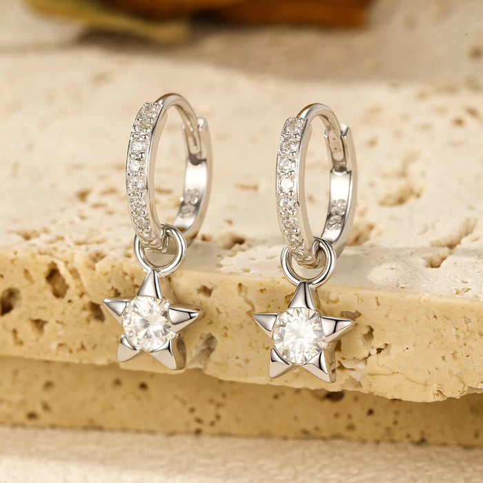 925 Sterling Silver Round Moissanite Star Hoop Earrings For Women
