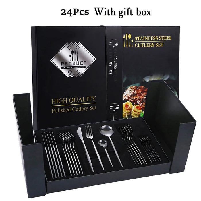 24 Piece Black & Gold Stainless Steel Cutlery Set Ideal For Festive Occasions & Dinners