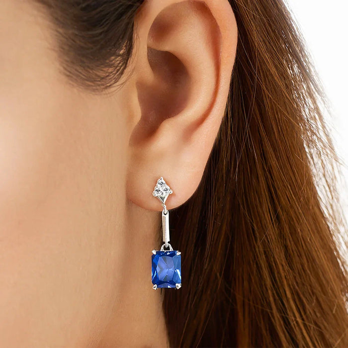 925 Sterling Silver Dangle Earrings With Sapphire Blue Stones Elegant For Women