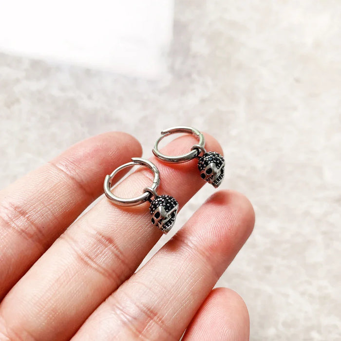 925 Sterling Silver Black Cz Skull Hoop Earrings Fine Jewelry For Women And Men