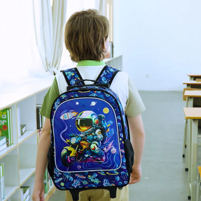 3 Piece Astronaut Rolling Backpack For Boys Water Resistant Uv Printed Fits Kids School Travel