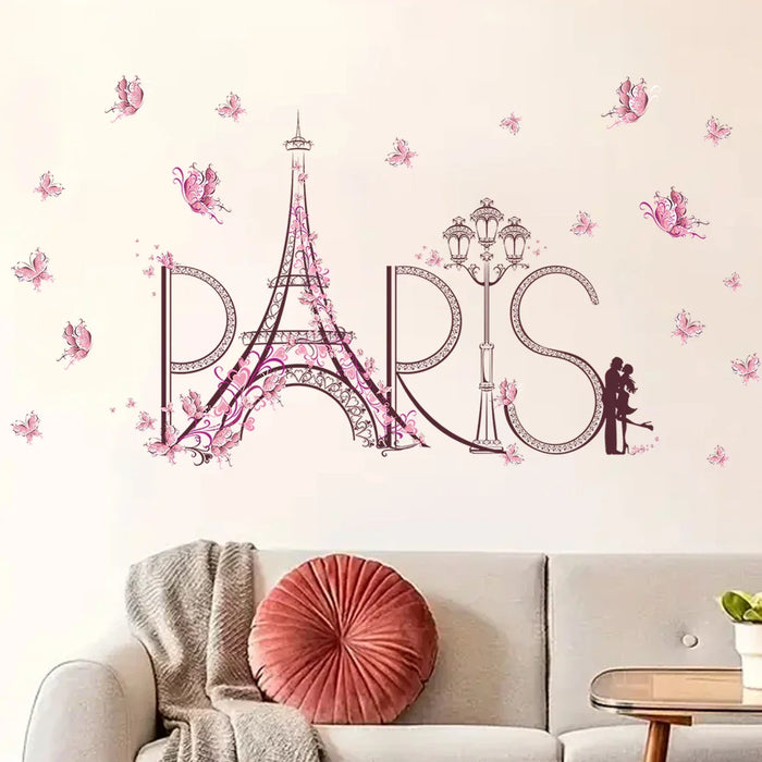 Eiffel Tower Couple Hug Wall Stickers Pink Butterflies For Living Room Bedroom Kids Home Decor