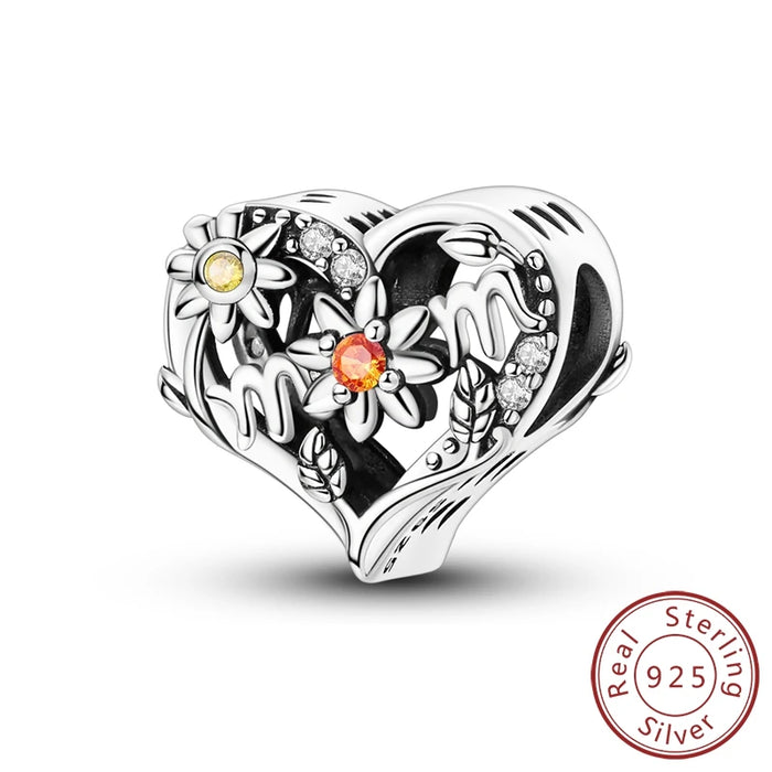 925 Sterling Silver Sunflower Mother Love Charm Fits Bracelets Gift For Women