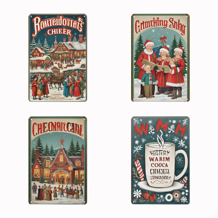 Set Of 4 Vintage Metal Christmas Tin Signs