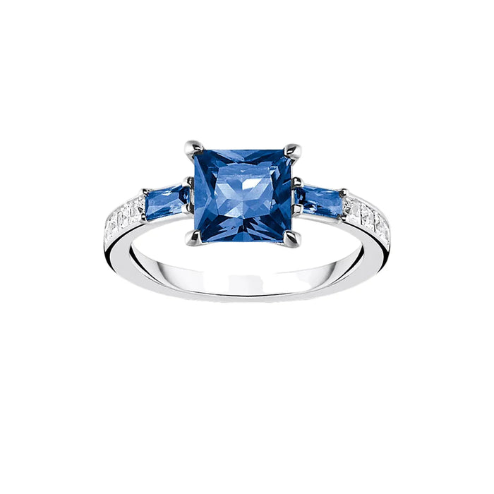 925 Sterling Silver Blue & White Square Stone Cocktail Ring Europe Style Fine Jewelry For Women