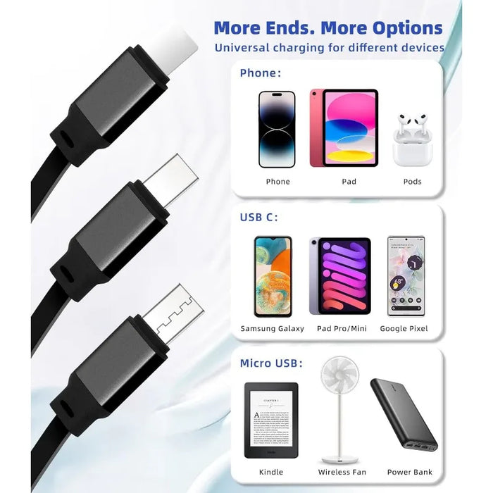 3 In 1 Fast Charging Cable For Phones Tablets Switch 3A 3Ft