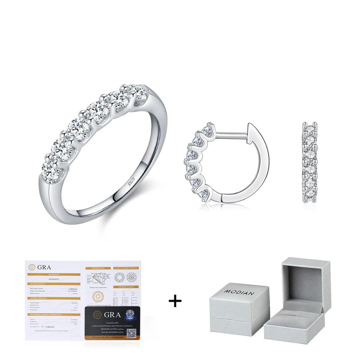 925 Sterling Silver Sparkling Geometric Hoop Earrings & Ring Setd Colour Moissanite