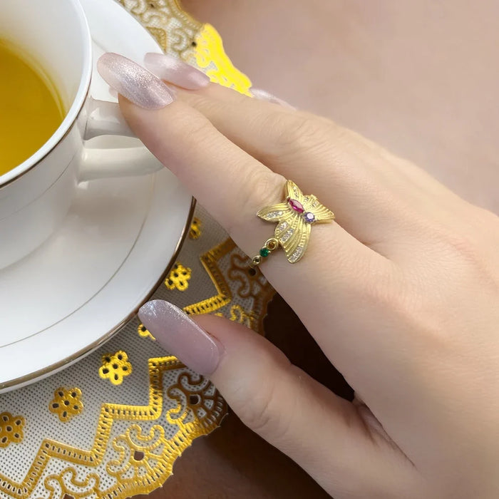 925 Sterling Silver Gold Butterfly Ring Delicate European Style Lucky For Women