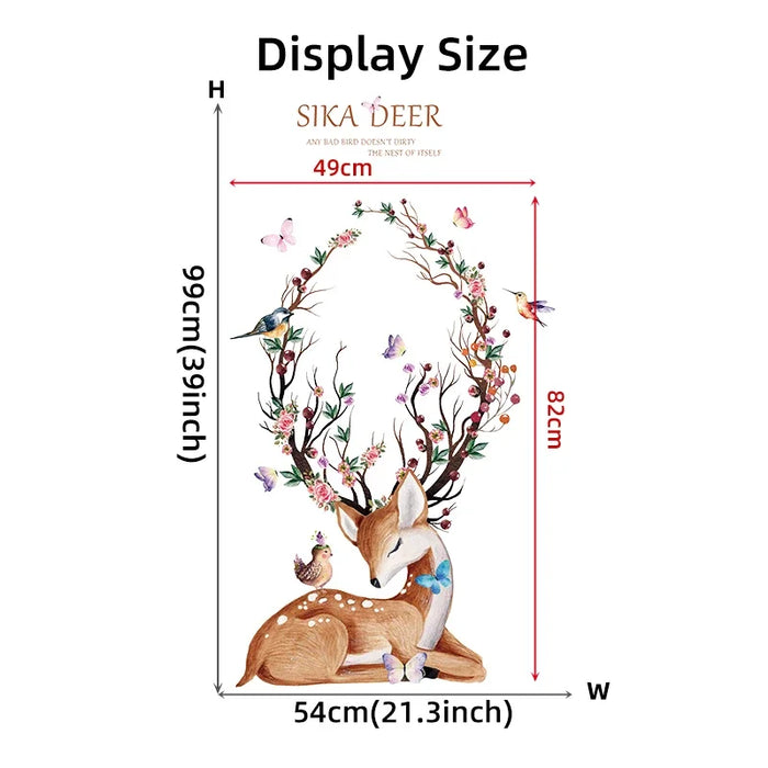 Watercolour Sika Deer Flower Birds Wall Stickers 54X99Cm Living Room & Kids Bedroom Decor
