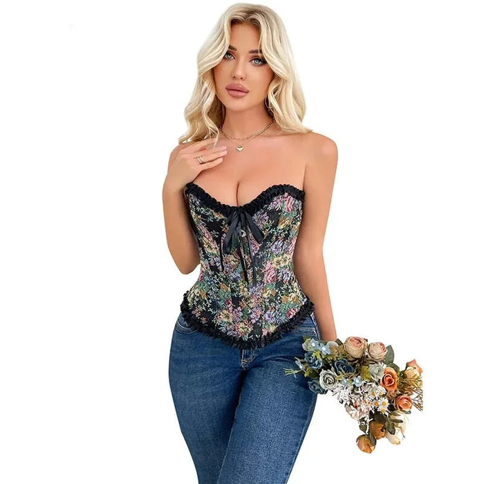 Floral Lace Trim Renaissance Corset With 6 Busk Closure Plus Size Xs-Xl
