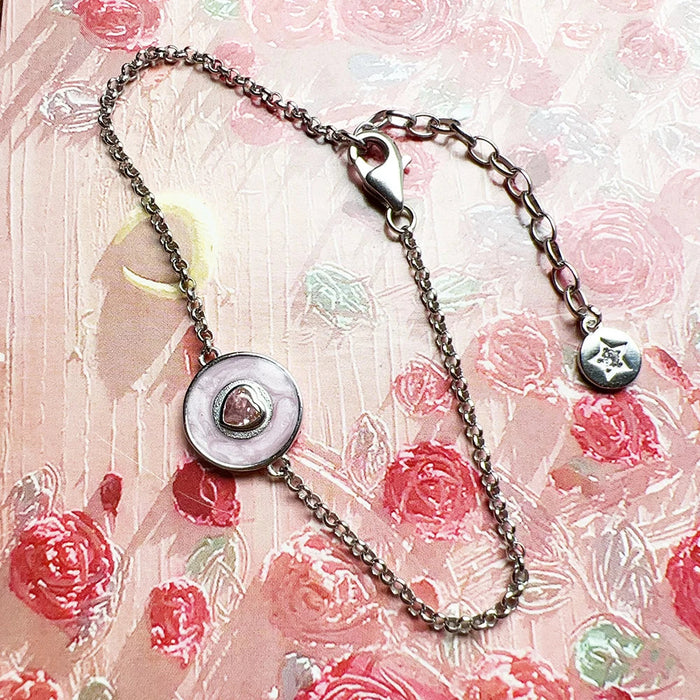 925 Sterling Silver Romantic Gift Pink Disc Heart Bracelet Zircon Jewelry For Women