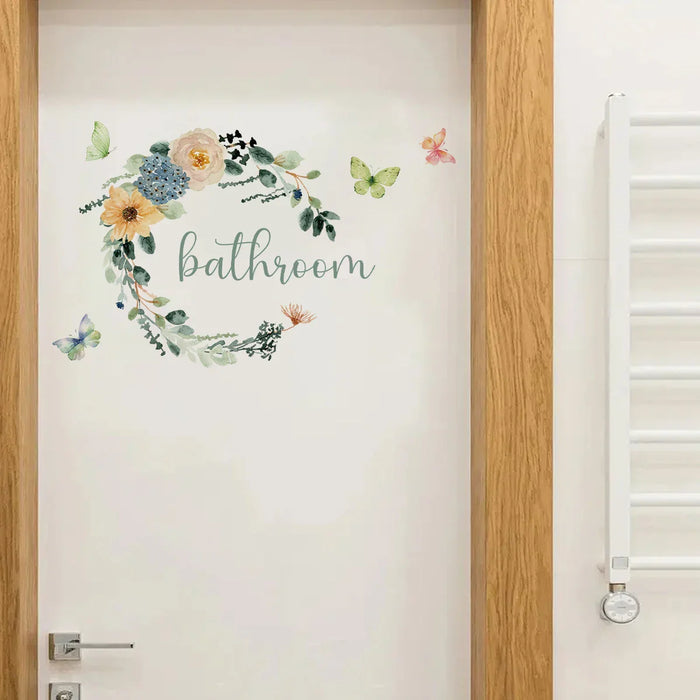 Watercolour Flower Wreath Butterfly Wall Stickers For Bathroom Decor