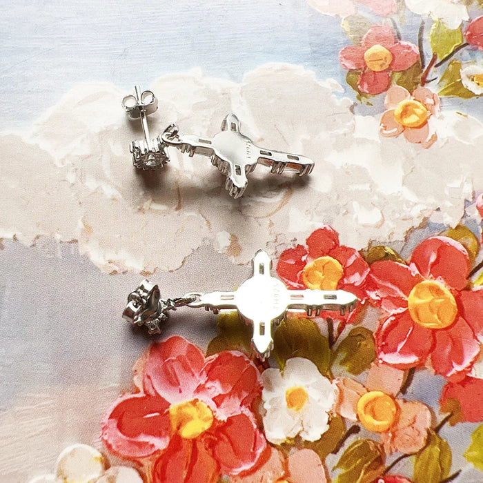 925 Sterling Silver Romantic Gift White Stone Cross Earrings Lucky For Women
