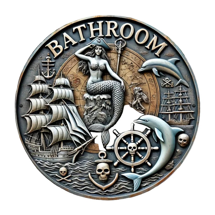 Vintage Mermaid Pirate Bathroom Sign Round Aluminum Wall Art